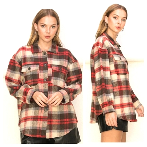 Hyfve Plaid Shacket Size Medium Red Black Cream - Picture 14 of 14